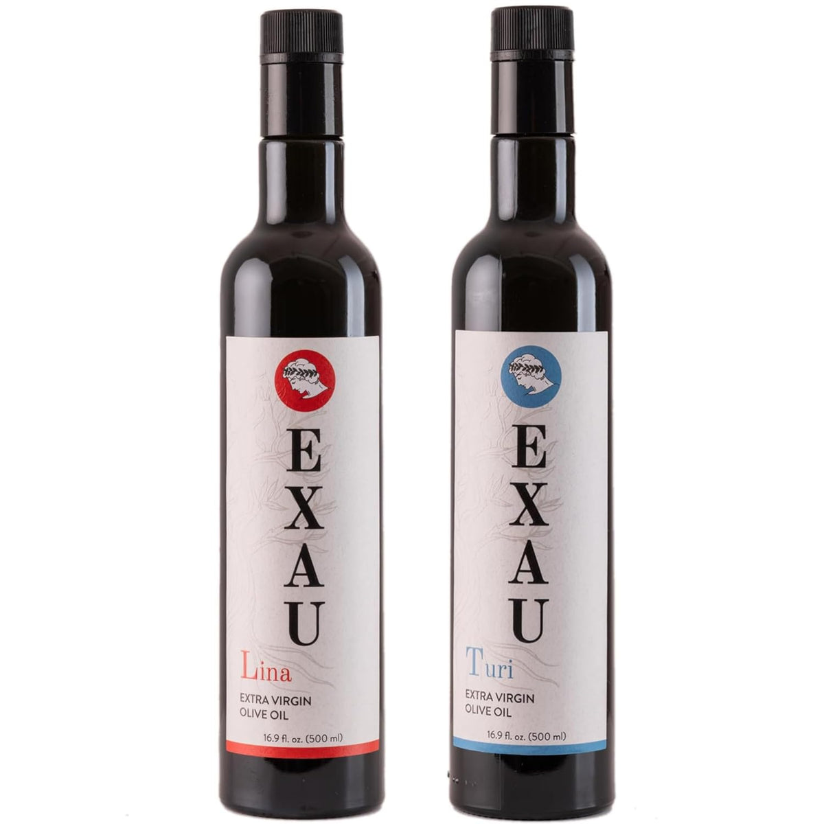 EXAU Due2 Italian Olive Oil Gift Set, Turi &amp; Lina EVOO, High Polyphenol 1540 &amp; 1485 mg/kg, Cold Pressed Early Harvest, Calabria Italy, 2 x 500ml (1L)