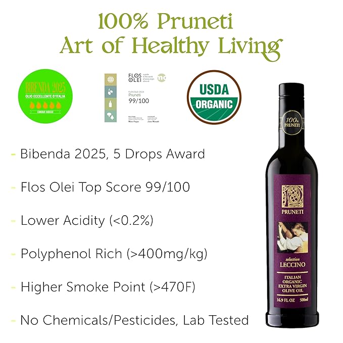 Pruneti Leccino Organic Extra Virgin Olive Oil from Tuscany – 2025 Gold Award Winning Italian Olive Oil from Italy – 400+ mg/kg Polyphenols evoo – First Cold pressed for Drinking & Finishing Use