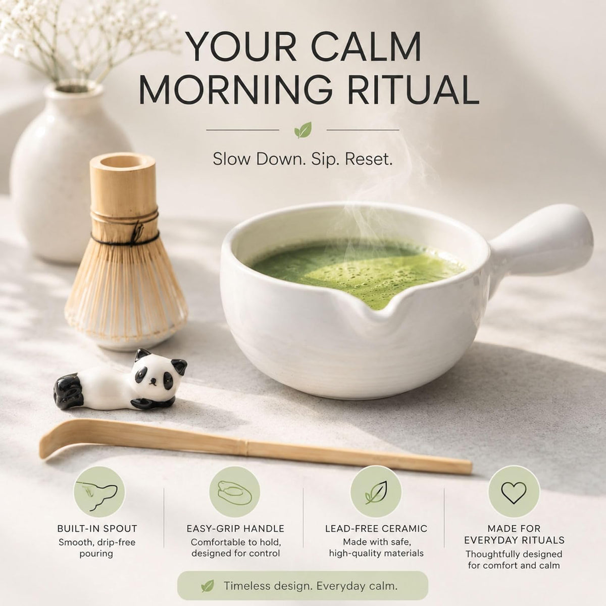 HAPPY PATH & CO Patented Matcha Bowl Set with Handle & Spout - Spill-Free Pouring