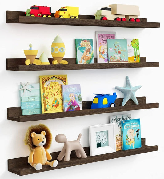 Forbena 36 Inch Long Picture Ledge Shelf, Wooden Floating Shelves for Wall with Lip, Dark Brown Wall Mounted Bookshelf