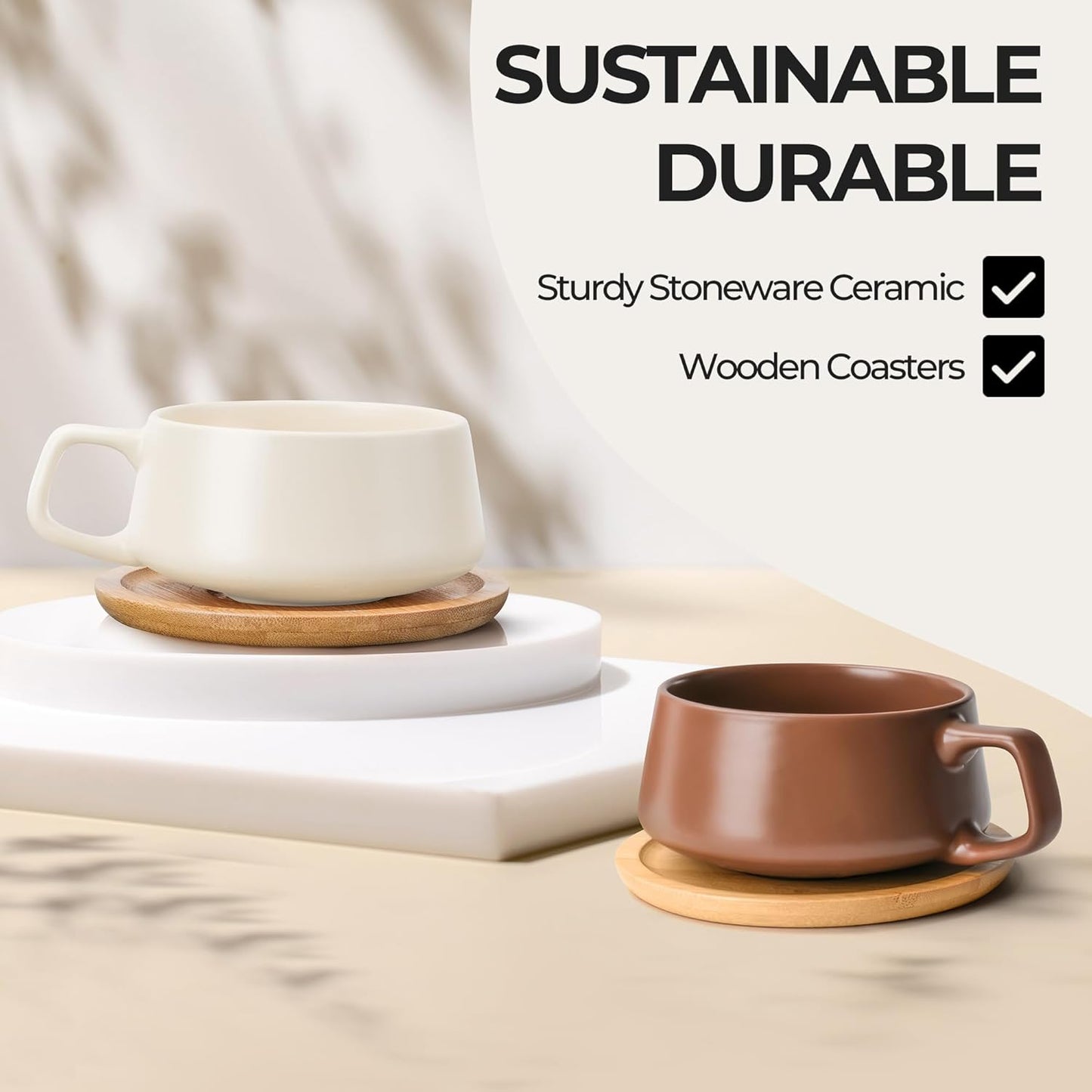 MIAMIO – 11 Oz., Set of 4 Ceramic Tea Cup and Saucer Bamboo/Tea Mug - Wide Cappuccino Cup, Coffee Cups Ceramic Mug for Cappuccino, Latte, Espresso & Americano - Luxe Collection (Beige Pastel)