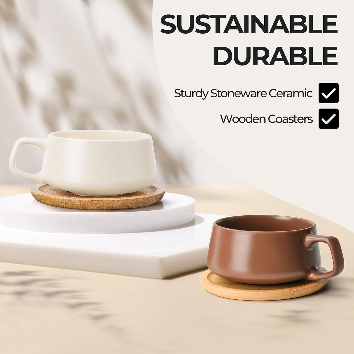 MIAMIO - Cappuccino Cup Set of 4, Ceramic (9.5oz) - Luxe (Beige Pastel) | Ceramic cappuccino cups and saucers, wide latte cups and mugs for Americano, 4-piece set of ceramic cups - dishwasher safe
