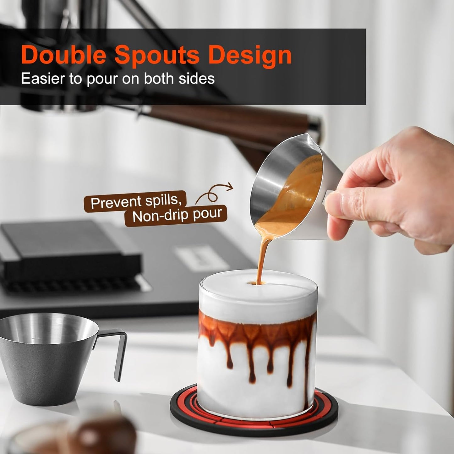 MHW-3BOMBER MHW-3BOMBER Espresso Measuring Cups 2Pcs with Handle, 1oz / 2oz / 3oz Double Spouts Stainless Steel Espresso Shot Cups with Scale, V-Shaped Mouth Espresso Pour Cup Black G6201B-OS