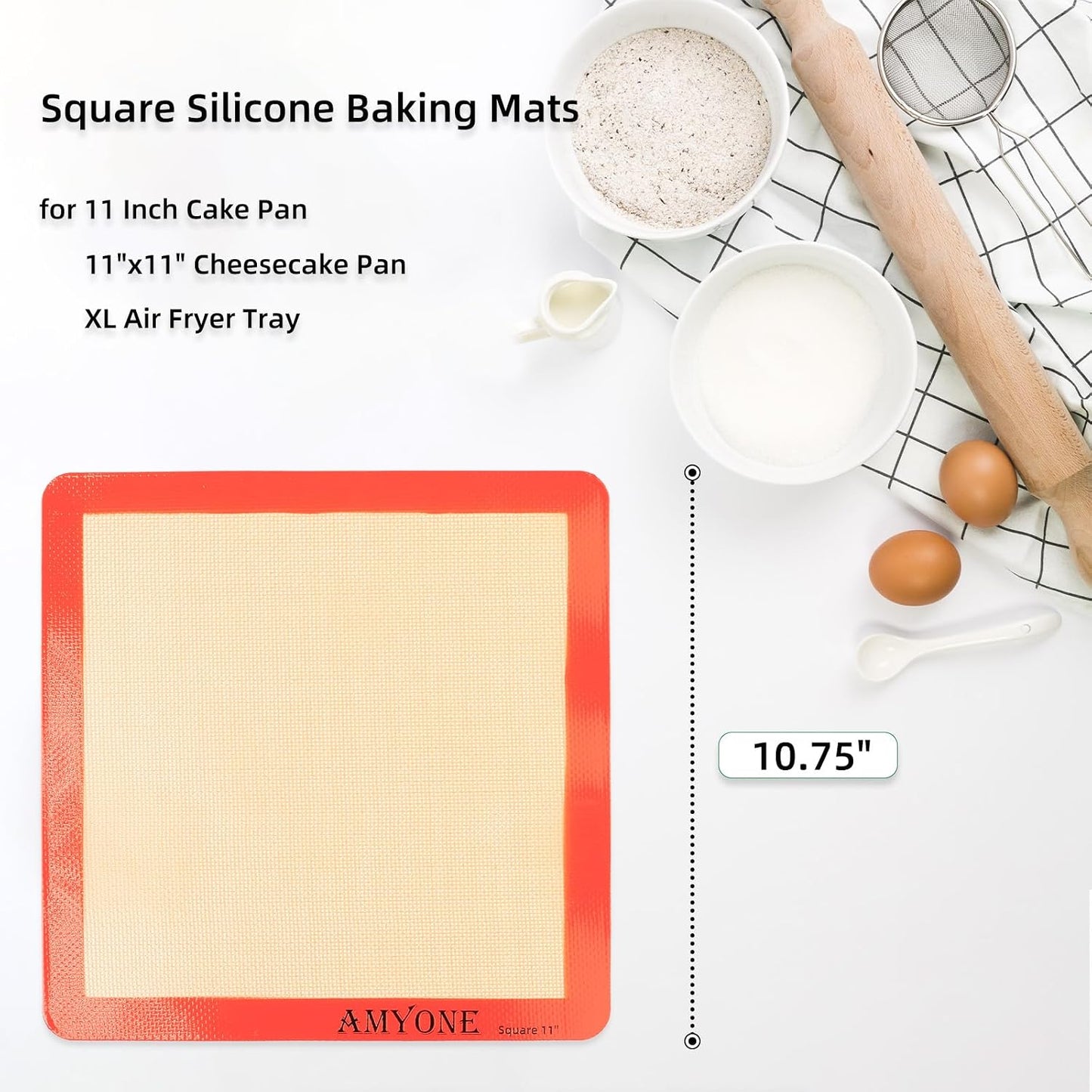AMYONE 11x11 Silicone Baking Mat, Square Air Fryer Liner, Platinum, 2 Pack | For 11x11 Square Cake Pan/Cheesecake Pan/Toaster Oven/XL Air Fryer, Food Grade Silicone Baking Sheet Liner for Cake/Cookie
