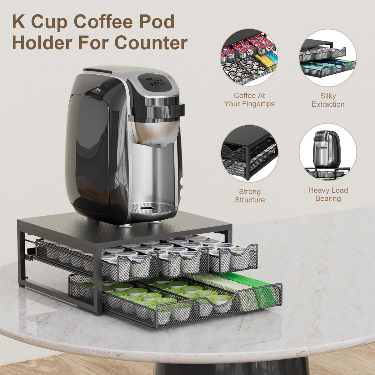 Coffee Pod Holder For Counter, 3 Pull-Out 72 K-Cup Holder Drawer, Wooden Cafe Pods Storage Organizer with Sliding Drawers for Coffee Station, Home, Kitchen, Office, Dorm (Black)