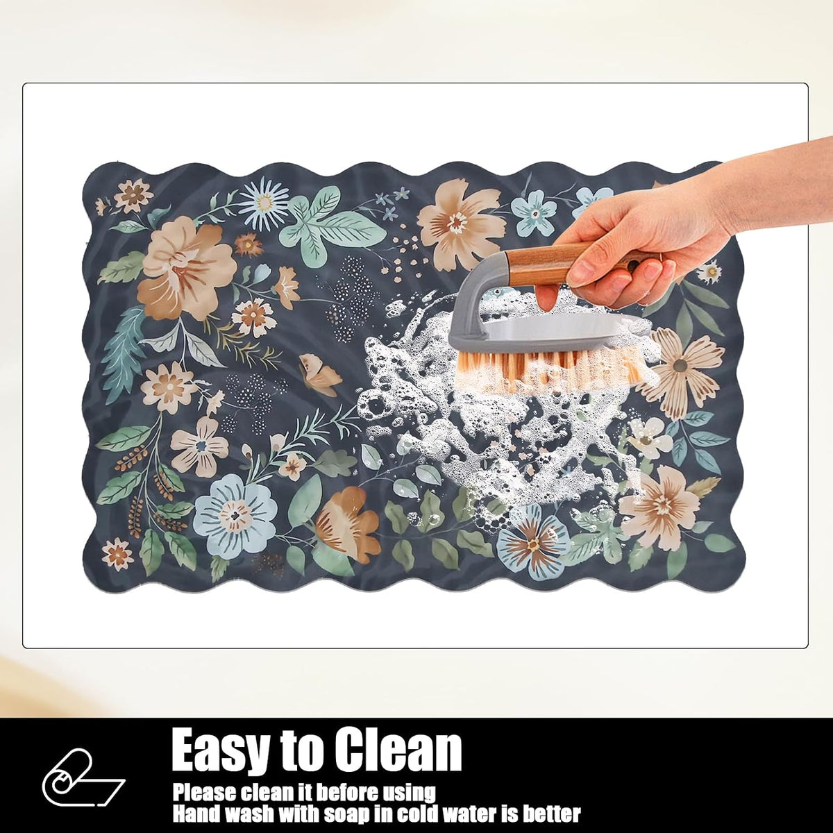 Scalloped Bohemian Coffee Bar Mat Dish Drying Mats for Kitchen Counter, Kitchen Decor,(16"x24", Black)