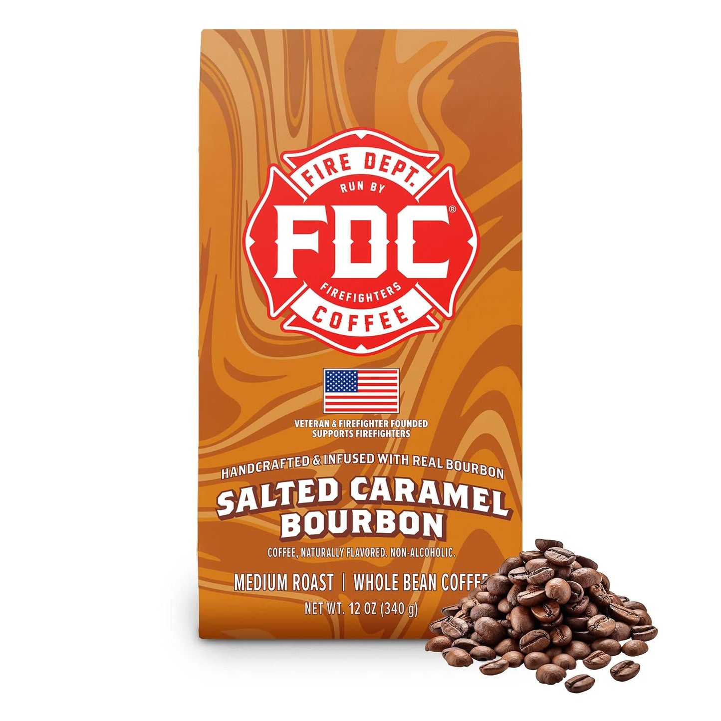 Fire Department Coffee Salted Caramel Bourbon Infused Coffee - 12 oz | Whole Bean Coffee - Gives Back to Firefighters - Medium Roast - Non-Alcoholic - Roasted in the USA - Veteran Owned