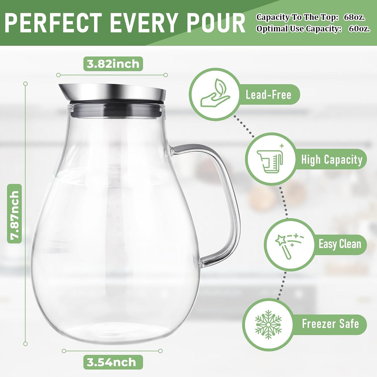 SUSTEAS 2 Liter 68oz Glass Pitcher with Lid and Handle, Removable Lid | Beverage Carafe for Cold/Hot Drink, Water Pitcher for Fridge, Iced Tea, Coffee, Juice, 1 Long-Handled Brush Included