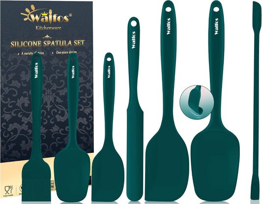 Walfos Silicone Spatula Set of 7 - (600°F) High Heat Resistant Dark Green Kitchen Scraper Spatulas, One-Pieces Seamless