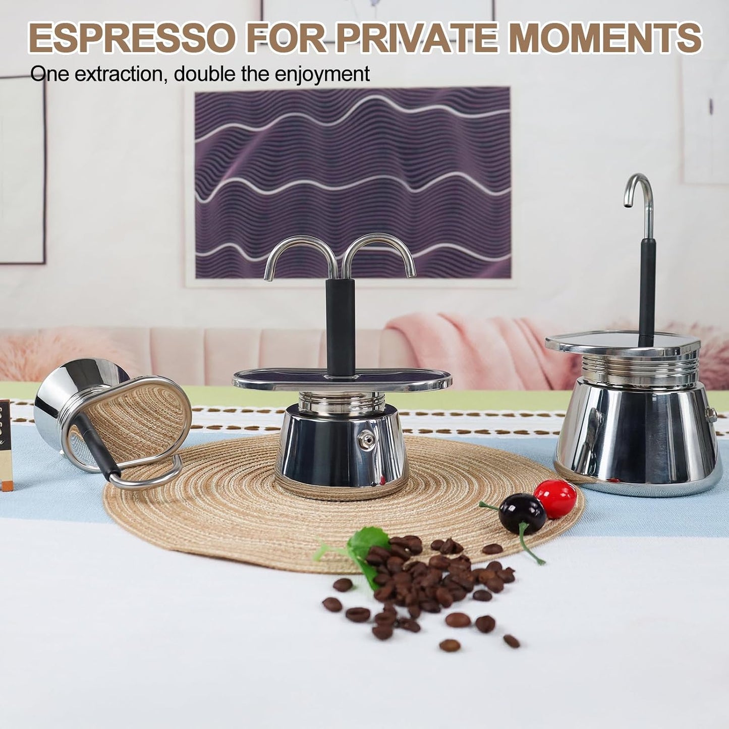 Uncoated 2 Cup Dual Pipe Moka Pot 304 Thickened Stainless Steel | Mini Coffee Maker Stovetop Espresso Coffeemaker Italian Classic Style Brewing Greca Cafe Machine for Cafeteras Travel 150ml