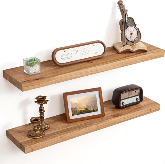 Floating Shelves for Wall Decor, 8" Deep Rustic Solid Elm Wood Floating Shelves Wall Mounted, Wall Shelves with Invisible