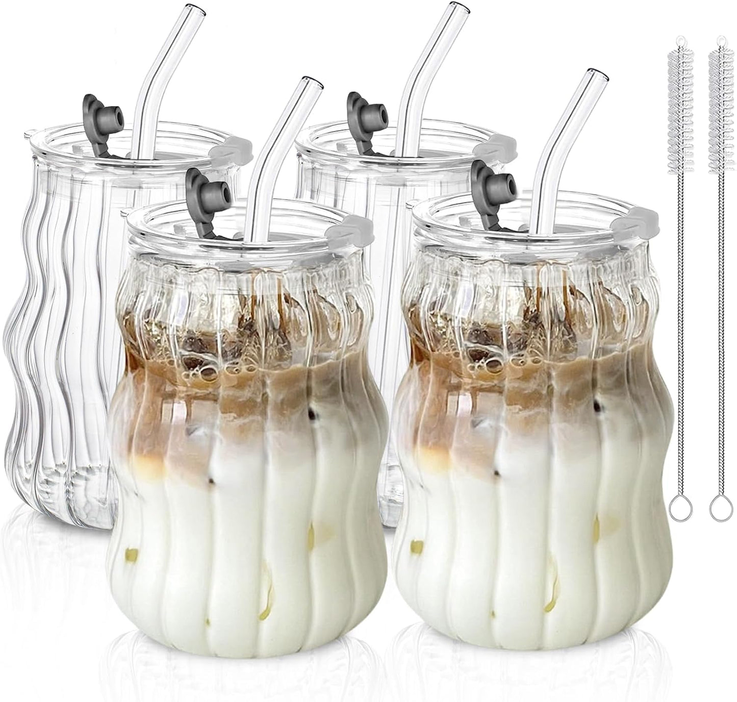 KEMORELA 4PCS Ribbed Glass Cups with Lids &amp; Straws – 18oz Vintage Wavy Coffee Cups, Bubble Glass Aesthetic for Iced Coffee, Clear Ribbed Glasses with Straws, Ideal Drinkware Set