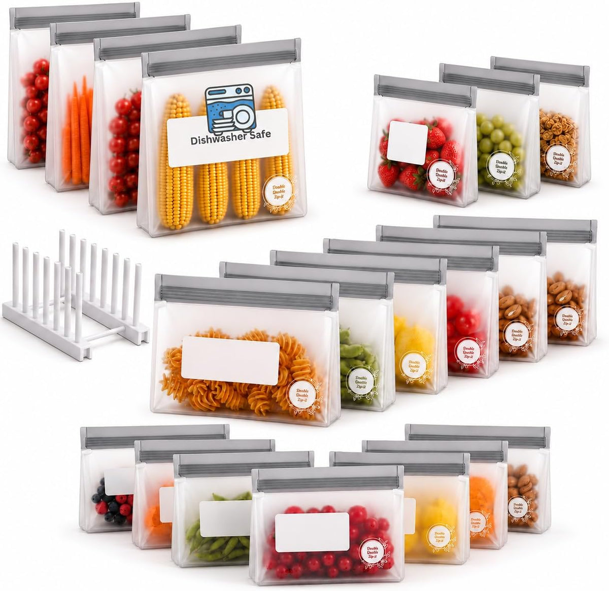 Reusable Silicone Food Storage Bags – 21-Pack Stand-Up, BPA-Free, Freezer, Dishwasher Safe & Eco-Friendly – 4 Gal, 6 L, 7 M, 3 S + Rack – Airtight Leakproof Sandwich, Snack, and Meal Prep Bags (Grey)