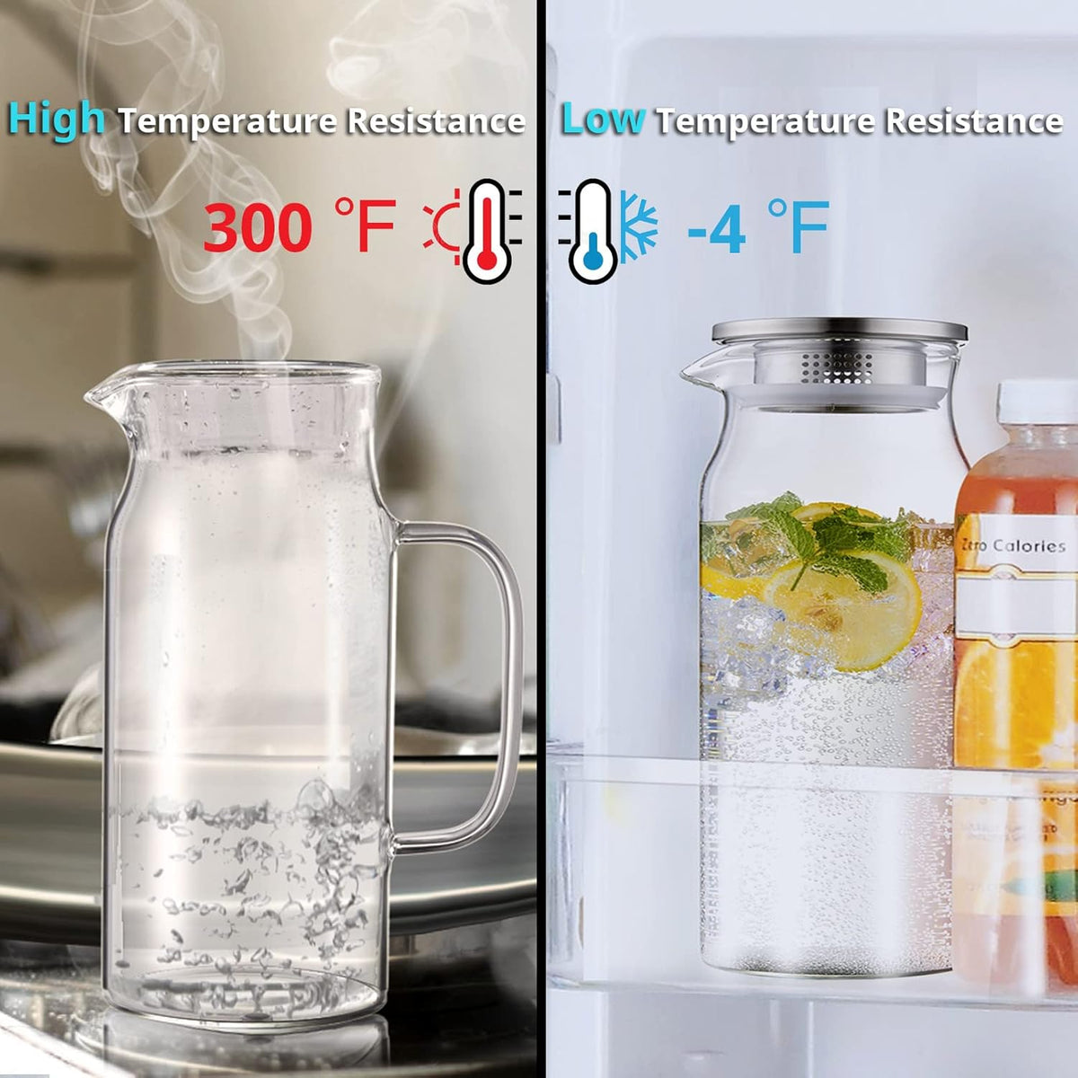 2 Liter 68 oz Glass Pitcher with Lid and Spout, Bivvclaz Glass Carafe for Hot/Cold Water, Large Iced Tea Pitcher for Coffee, Juice and Homemade Beverage