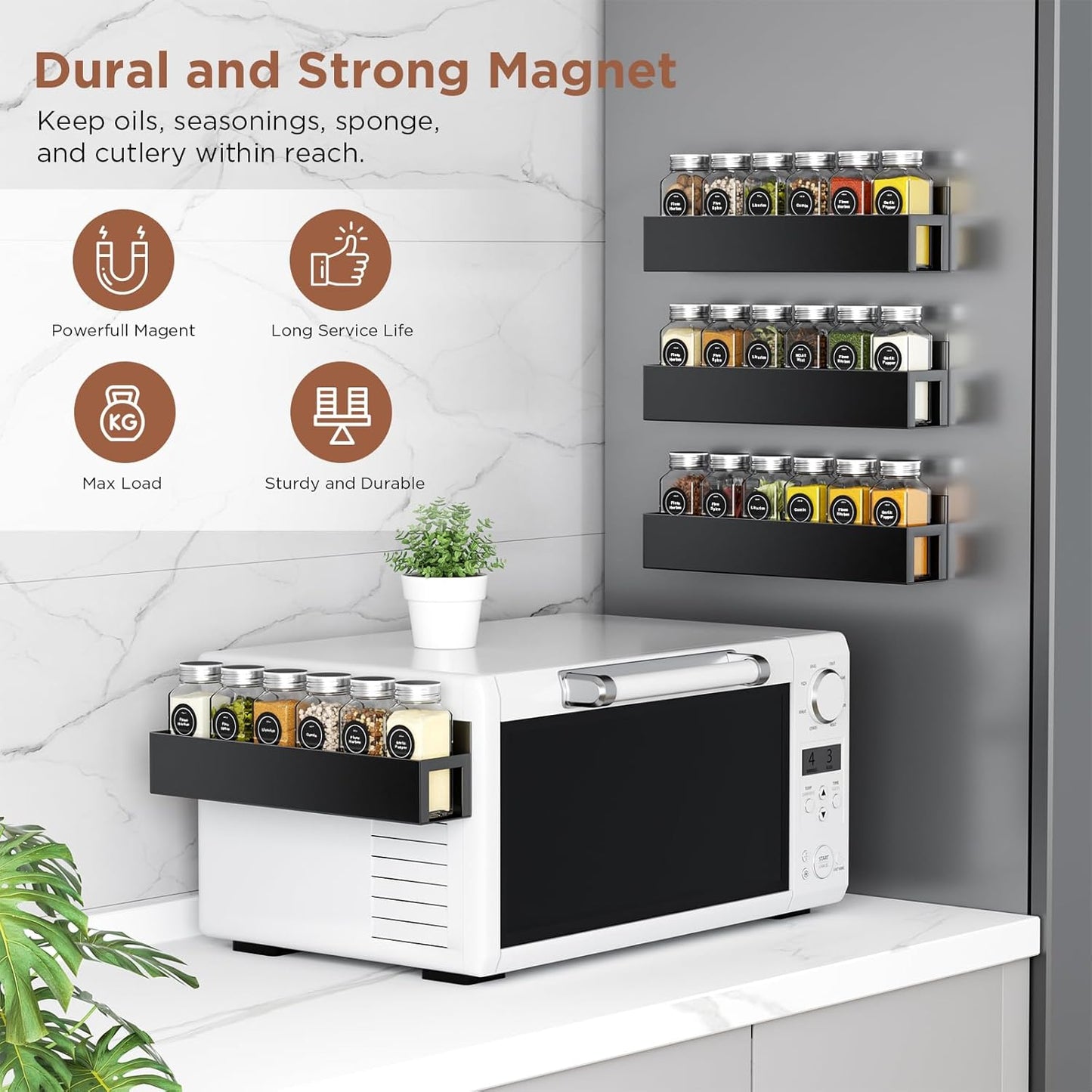 2 Pack Magnetic Spice Rack with 12 Spice Jars, Spice Labels, Magnetic Spice Organizer Shelf for Refrigerator, Microwave