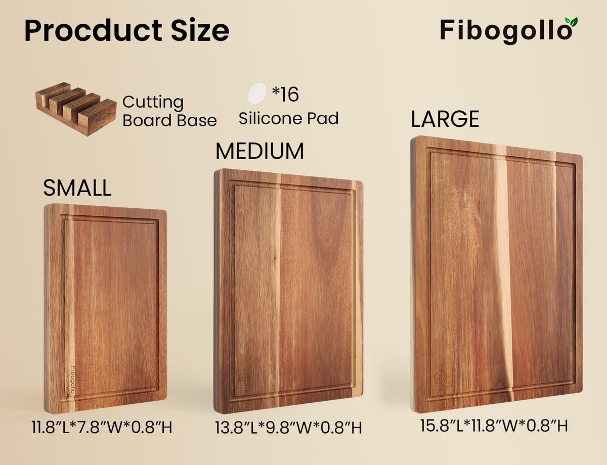 Fibogollo Set of 3 Large Acacia Wood Kitchen Cutting Boards with Holder