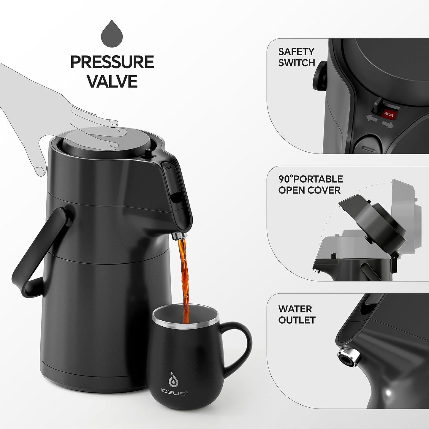 IDEUS Thermal Coffee Carafe 68oz, Airpot Beverage Dispenser Black | Stainless Steel Double Wall Vacuum Insulation Coffee Server, Coffee Carafe for Keeping Hot and Cold