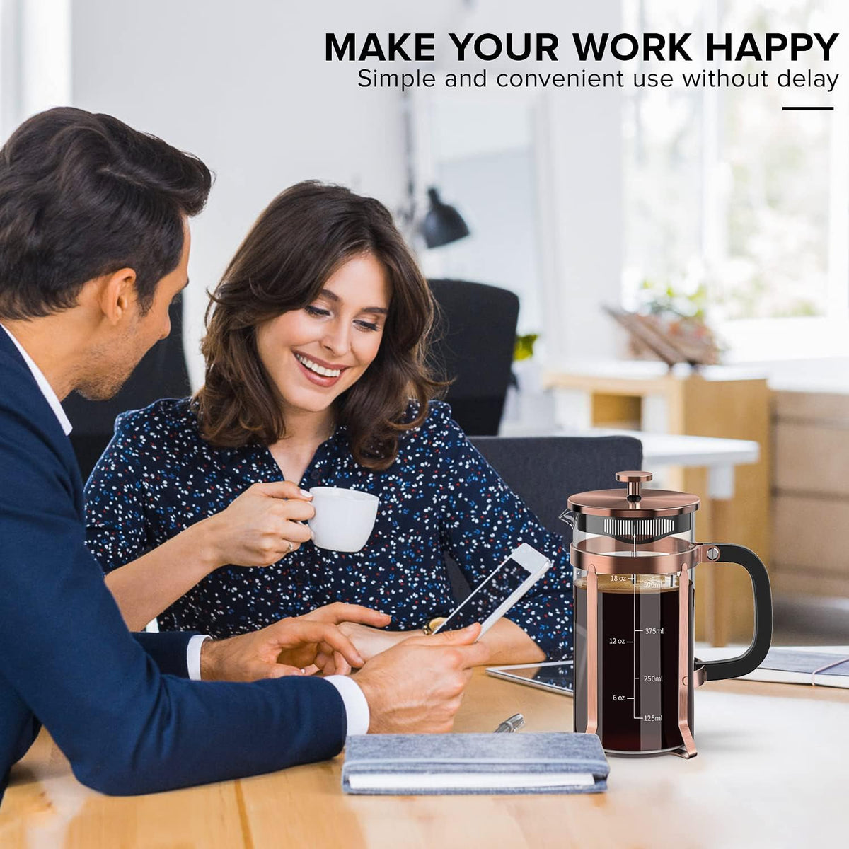 QUQIYSO French Press Coffee Maker, Borosilicate Glass Coffee Press | Thickened Glass Stainless Steel Coffee French Press,Easy to Clean,4 Filter Suitable for Kitche Camping Gifts (21oz, Copper)