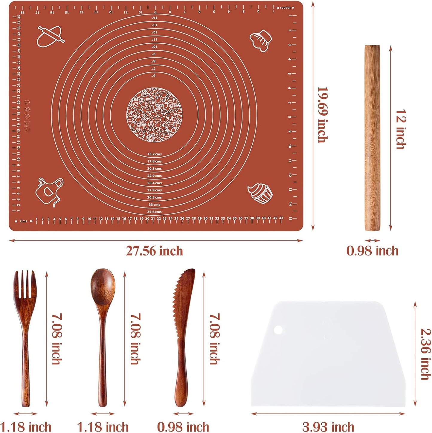 6PCS Silicone Baking Mat Set, Pastry Mat with Measurements Wooden Rolling Pin/Knife/Fork/Spoon/Scraper, Pasta Cutter,Non-slip Silicone Mat, Non-Stick Dough Mat for Counter,Kneading Mat Set,28''*20''