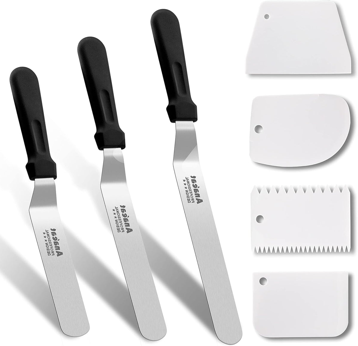 Anaeat Icing Spatula, 3 Pieces Professional Angled Offset Frosting Spatulas with 6", 8", 10" Stainless Steel Blades &amp; 4 Pack Cake Smoother Scraper for Cake Decorating, Baking &amp; Pastry (Set of 7)