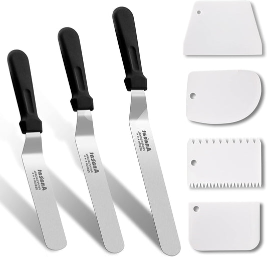 Anaeat Icing Spatula, 3 Pieces Professional Angled Offset Frosting Spatulas with 6", 8", 10" Stainless Steel Blades &amp; 4 Pack Cake Smoother Scraper for Cake Decorating, Baking &amp; Pastry (Set of 7)