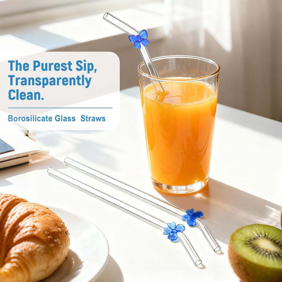 8 Pack Blue Bow Glass Straws with Charms, 9inch 8mm Bent Borosilicate straw | Blue bow details bring a clean coastal-preppy accent to iced coffee and brunch, drinking straws for a calm, coordinated setup