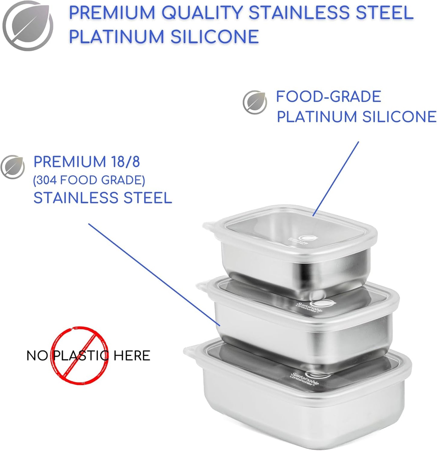 Stainless Steel Food Storage Containers with Clear Platinum Silicone Lids, Airtight
