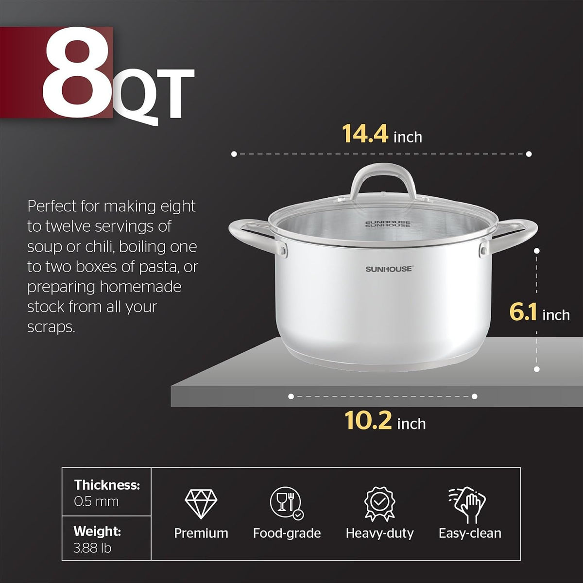 SUNHOUSE 8 Quart Stock Pot with Lid - 3-Ply Bottom Stainless Steel Pasta Cooking Canning Dutch Oven Pot - Induction Compatible for All Stovetops - Dishwasher Safe & Oven Safe