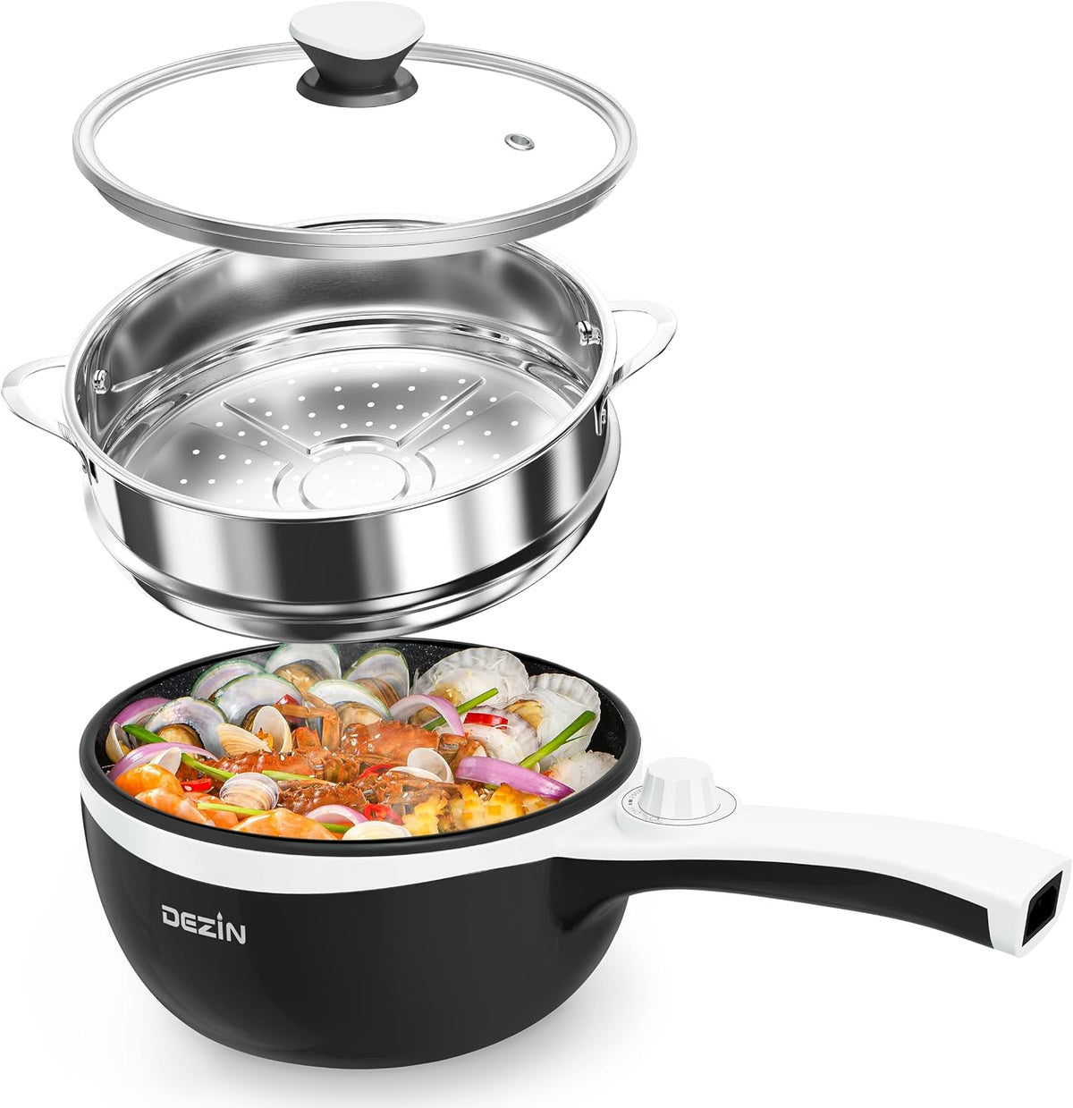 Dezin Hot Pot Electric with Steamer Upgraded, Non-Stick Sauté Pan, Rapid Noodles Electric Pot, 1.5L Mini Pot for Steak, Egg, Fried Rice, Ramen, Oatmeal, Soup with Power Adjustment