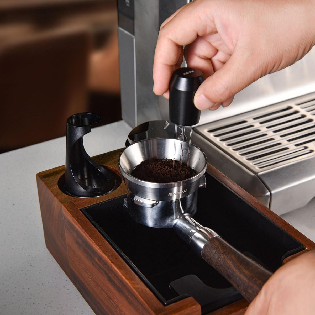 MATOW 6 Prong WDT Espresso Tool with Weighted Stand | 0.4mm Thin Pins, Anodized Aluminum Handle, Self Aligning Catch Tray Stand, Reduce Channeling