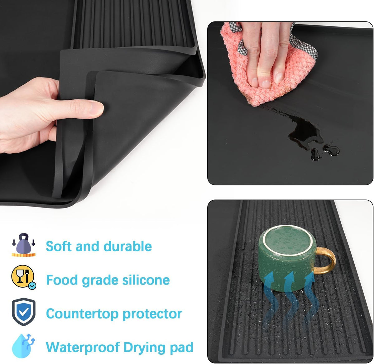 Golener Silicone Coffee Mat Set - 24" x 16" Coffee Bar Mat for Countertop, Kitchen Station Pad Accessories Fit Under Coffee Maker or Machine, Dish Drying Mat, Heat Resistant Kitchen Gadget, Black