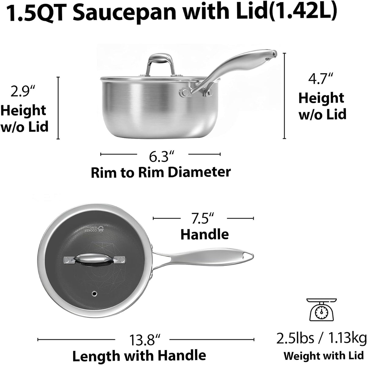 COOKER KING 1.5 Quart Stainless Steel Saucepan, Nonstick Sauce Pan, Ceramic Suce Pot with Tempered Glass Lid, Induction Pot Compatible with All Cooktops, Dishwasher & Oven Safe(PFAS/PFOA/PTFE Free)