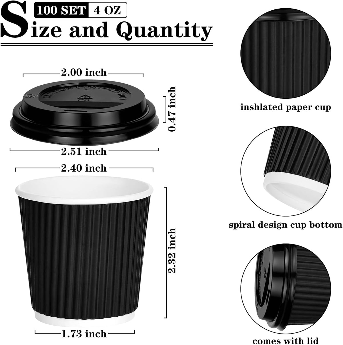 4 oz Disposable Espresso Cups with Lids, 100 Count, Corrugated Ripple Wall | Stackable Storage|Heat-Insulating Grip | To Go Spill-Resistant | Coffee Cups For Hot Drink, Office, Coffee Bar (Black)