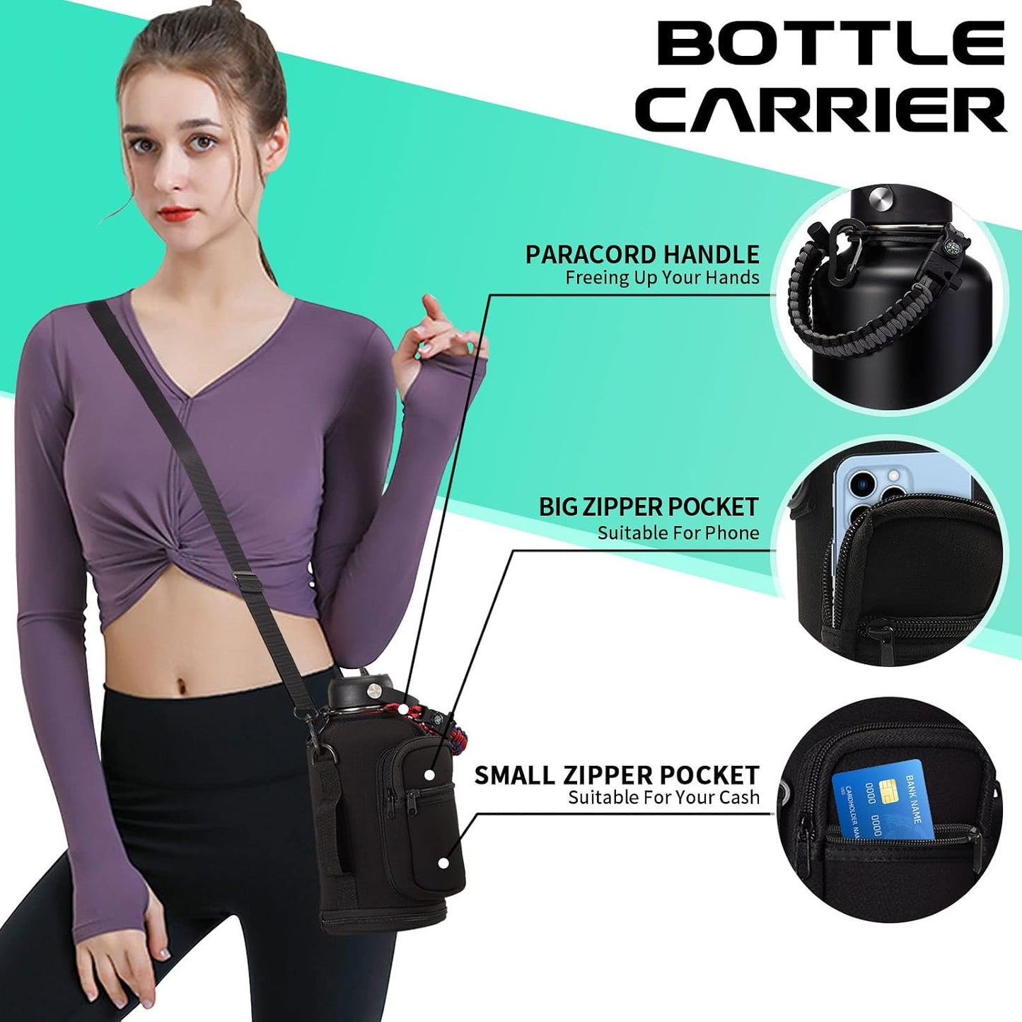Half Gallon Insulated Water Bottle - with Straw &amp; Spout Lid, Paracord Handle &amp; Carrier Bag, Protective Cup Mat, 64oz Vacuum Stainless Steel Water Bottle, Metal Vacuum Flasks Keep Cold 48h Hot 24h