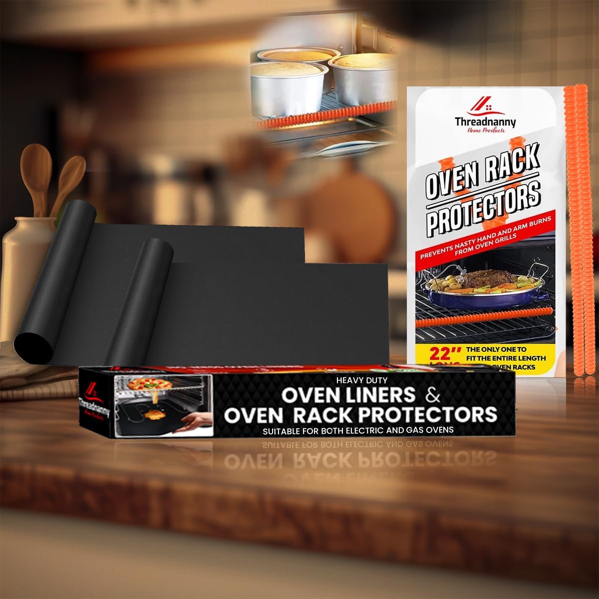 Oven Liners for Bottom of Oven 17"x 25" and Silicone Rack Guards Orange 22"