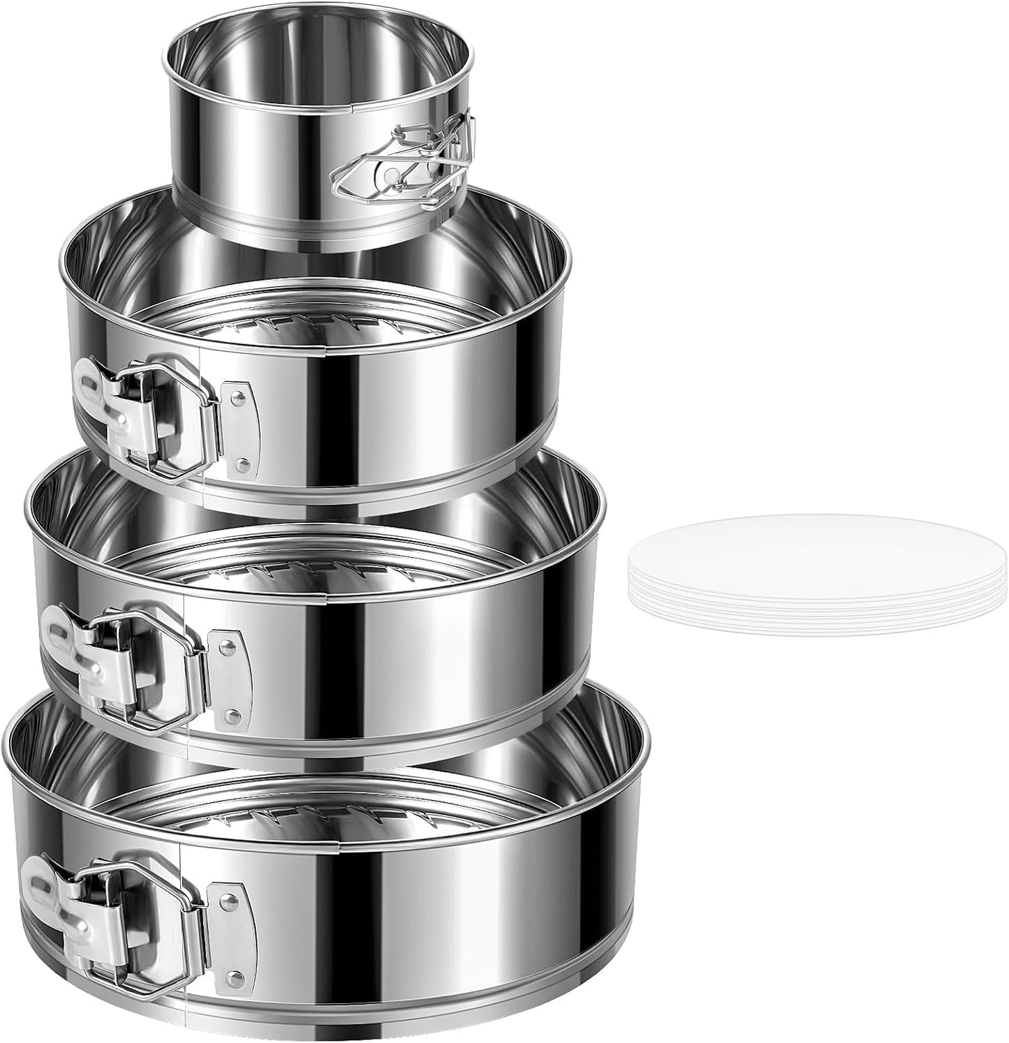 4" 7" 9" 10" Springform Pans Set of 4, Stainless Steel Cheesecake Pan with Removable Bottom, Leakproof &amp; Nonstick Springform Cake Mold for Baking with 50 Pcs Paper Liners