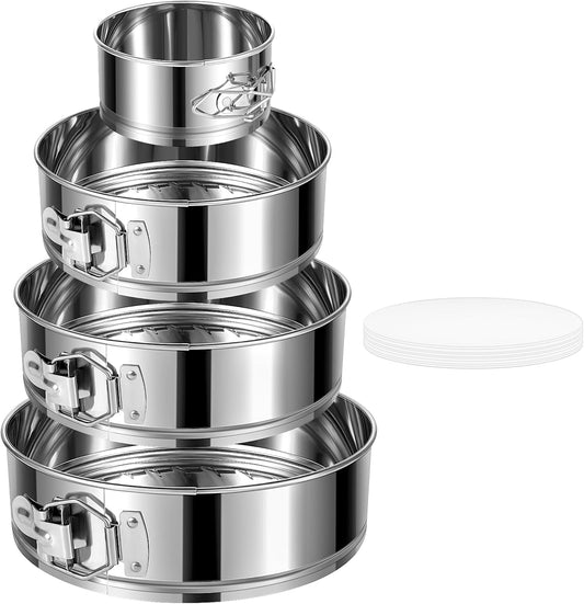 4" 7" 9" 10" Springform Pans Set of 4, Stainless Steel Cheesecake Pan with Removable Bottom, Leakproof &amp; Nonstick Springform Cake Mold for Baking with 50 Pcs Paper Liners