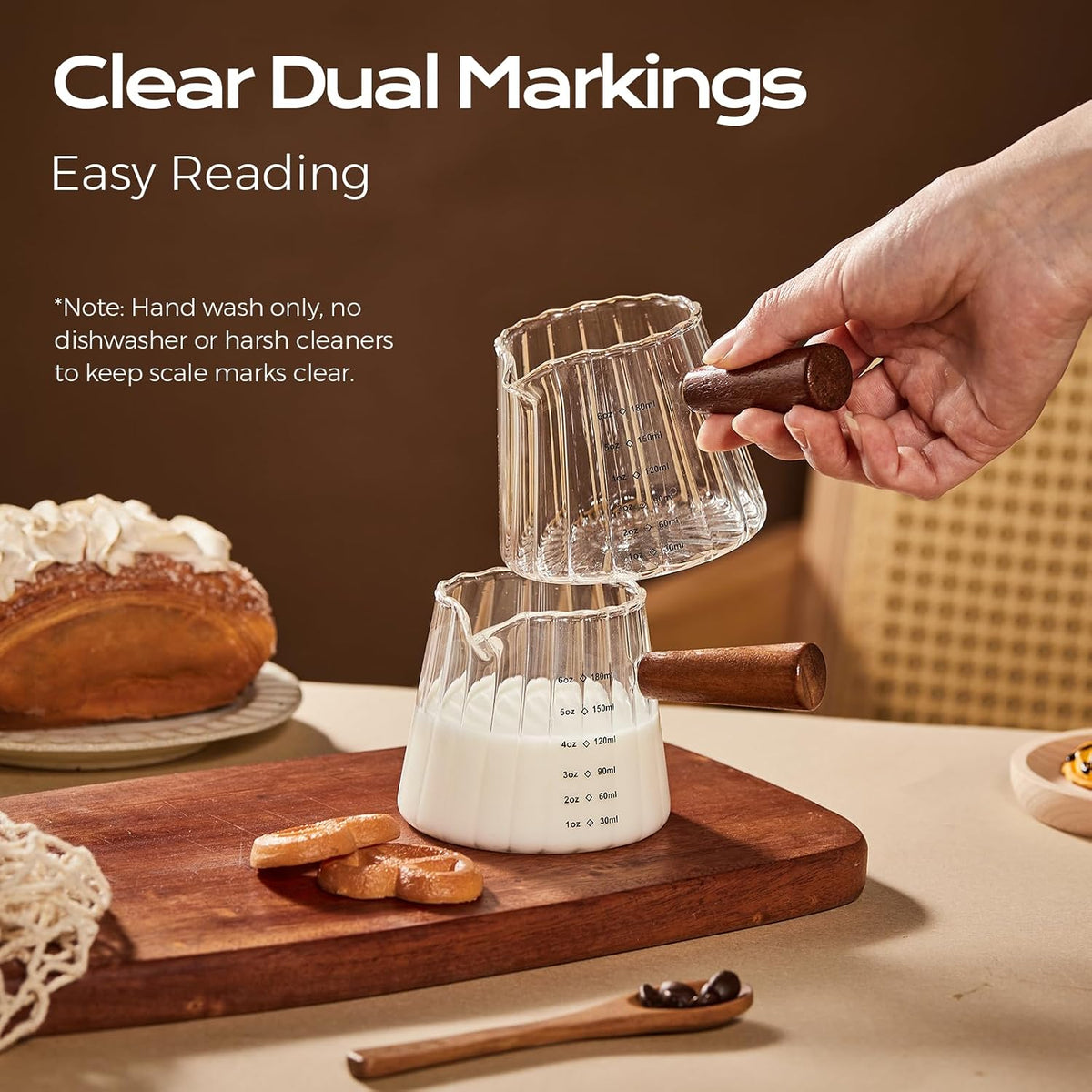 YARRAMATE 6oz Glass Espresso Measuring Cups, 2 Pack with Handle | Borosilicate Glass, Precision Pouring, Heat Insulated Grip, Dual-Scale Accuracy, Easy to Rinse Clean