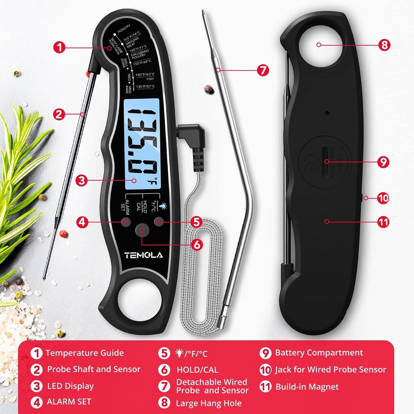 Meat Thermometer, Instant Read Food Thermometer for Cooking, Digital Food Thermometer with LCD Backlight for Candy Fry Grill BBQ Liquids, Kitchen Oven Safe Dual Probe 2 in 1 Thermometer | Digital Food LCD Backlight for Candy Fry Grill BBQ Liquids, Kitchen