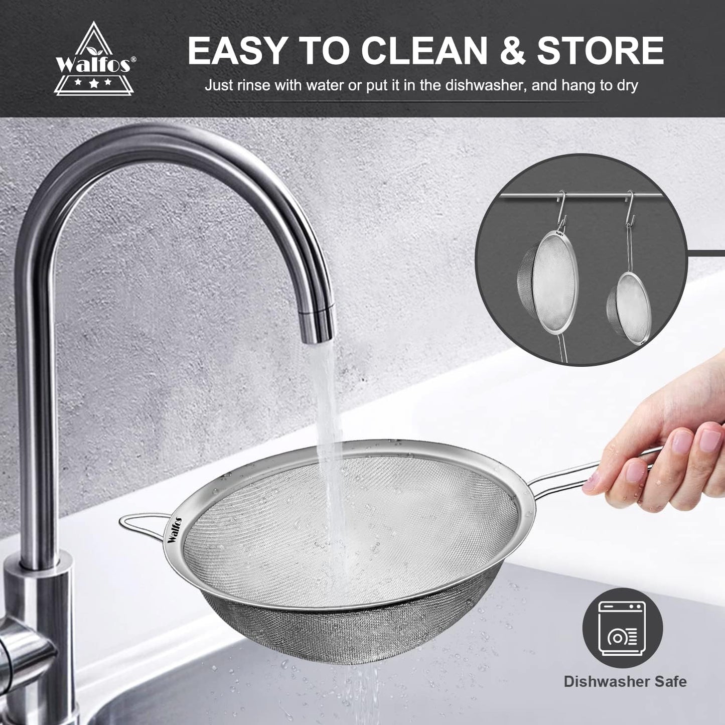 Walfos Large Fine Mesh Strainer 9.35" &amp; 7.8", Stainless Steel Mesh Sieve with Sturdy Handle, Kitchen Metal Food Strainers for Quinoa, Rice, Pasta, Fruits, Vegetables, etc., Set of 2