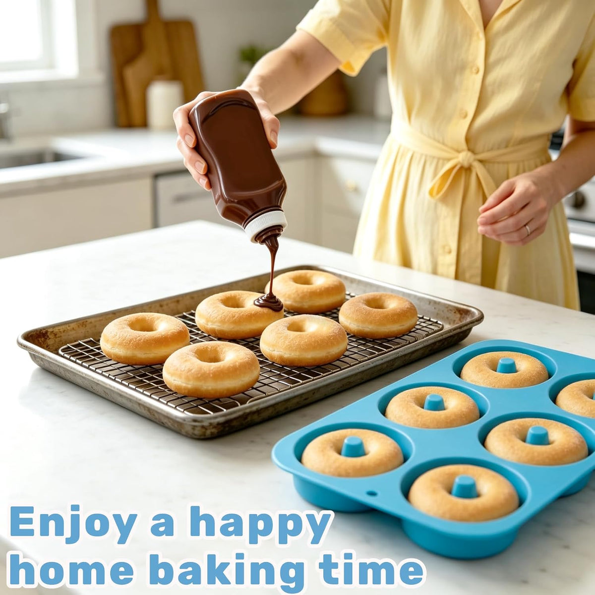Aichoof Non-Stick Silicone Donut Pan Set of 2, BPA-Free, Easy Release(Blue)