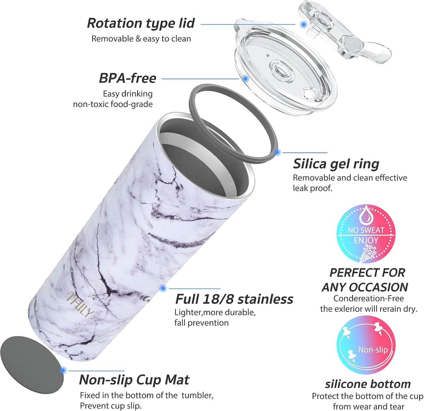 THILY Stainless Steel Vacuum Insulated Tumbler Travel Mug 26 oz Coffee Cup with 2 Lids and Straws, Splash Proof, Keep Ice Drinks Cold, White Marble