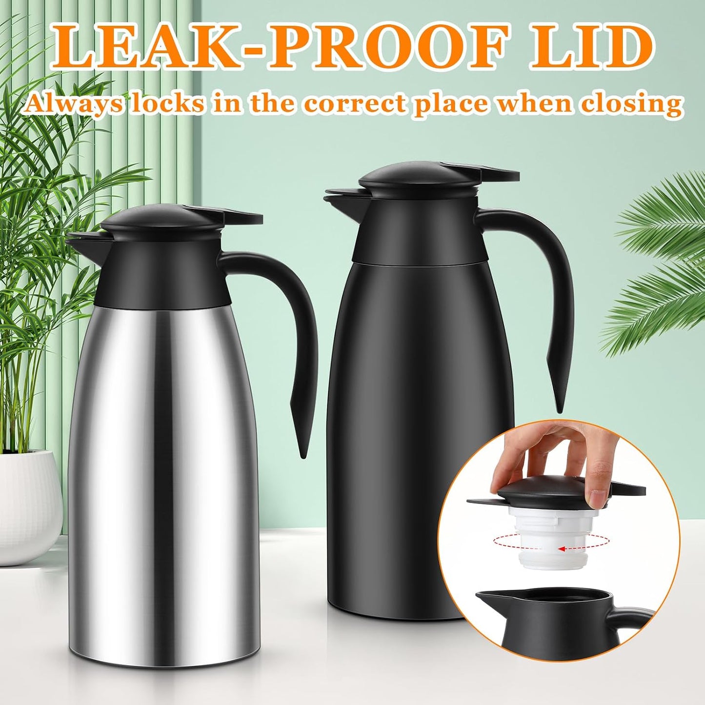 Norme 2 Pcs Thermal Coffee Carafe Insulated Stainless Steel Coffee Carafe for Hot Liquid Vacuum Thermal Pot Creamer Pitcher Dispenser with Brushes Keeping Hot Water Milk(Black, Silver,68 oz)