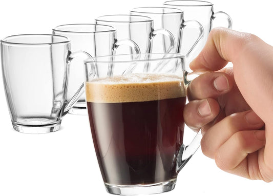 Bormioli Rocco Glass Coffee Mug Set, (6 Pack) 10¾ Ounce with Convenient Handle, Tea Glasses for Hot/Cold Beverages, Thermal