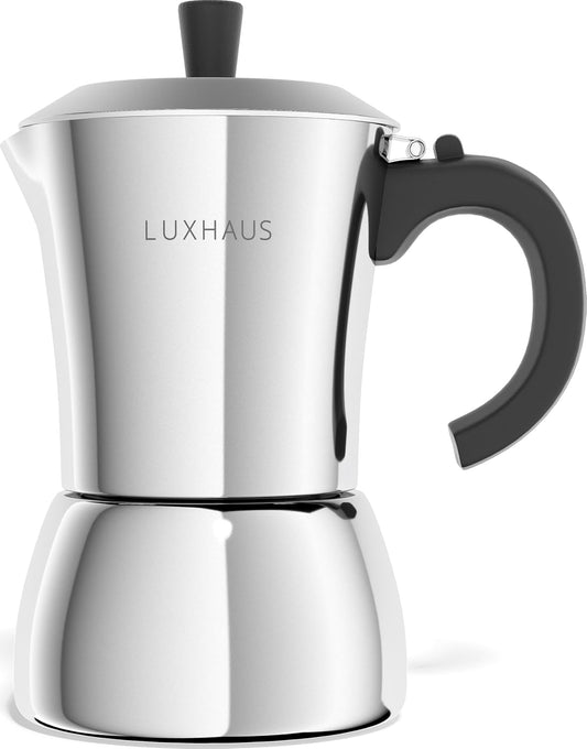 LuxHaus 6 Cup Moka Pot (2oz each cup - 12oz total) Stovetop Espresso Maker - Stainless Steel Italian and Cuban Mocha Coffee Maker