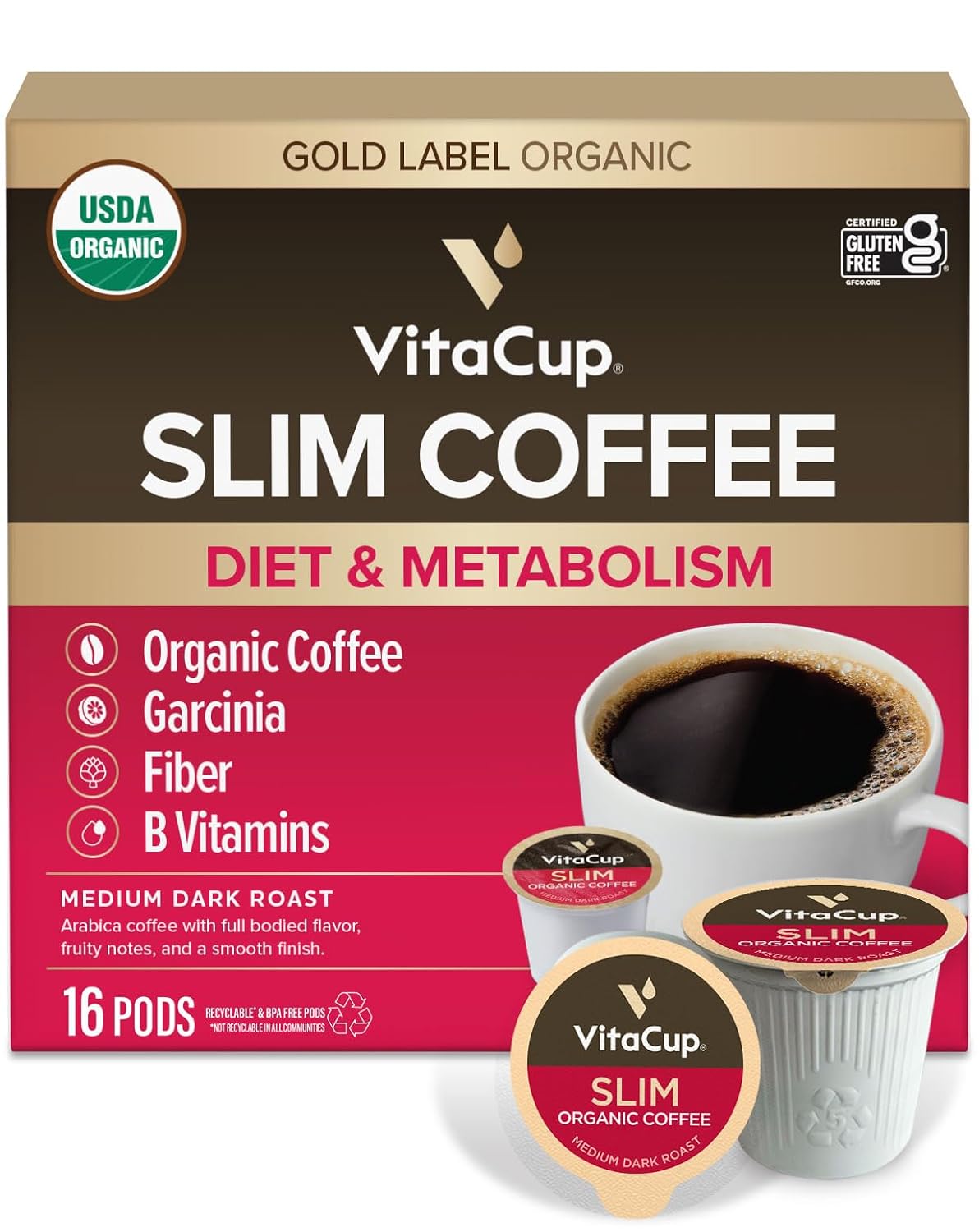 VitaCup Slim Organic Medium Dark Roast Coffee Pods for Diet Support, 16ct | B Vitamins