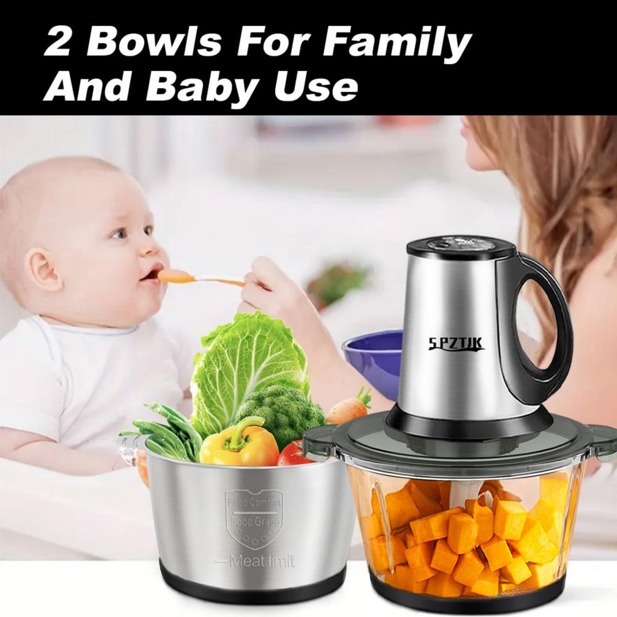 Food Processor, 3-Speed Electric Food Chopper with Vegetable Chopper & Meat Grinder - 2 Bowls (8 Cup Stainless Steel+8 Cup Glass), 300W, 2 Sets of 4 Bi-Level Blades for Vegetable/Fruits/Meat