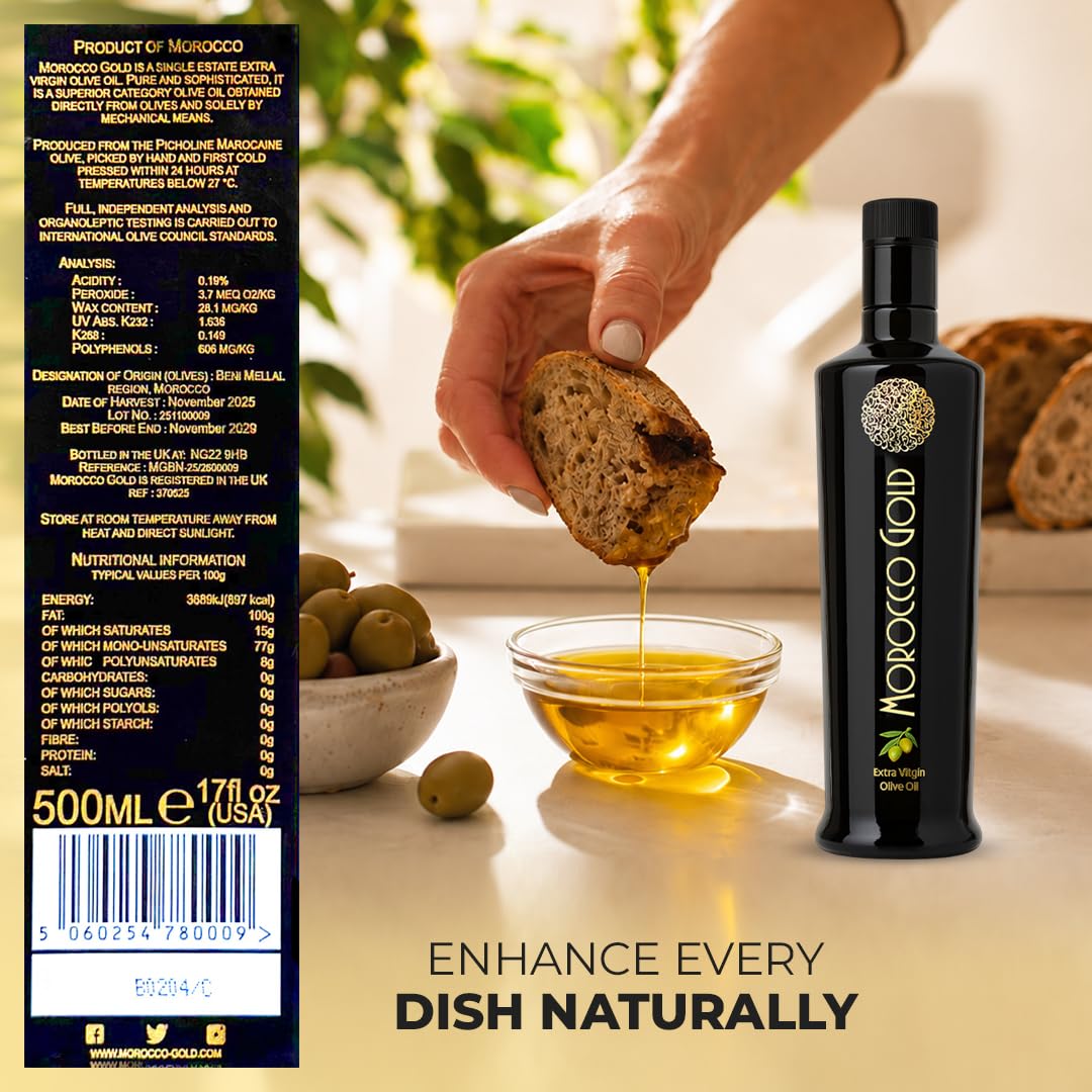 Morocco Gold New Harvest Extra Virgin Olive Oil – Cold Pressed – Polyphenol Rich 606mg/kg EVOO Fresh Harvest Pure and Natural. 6 x 500ml (Get 6 Bottles For The Price of 5)