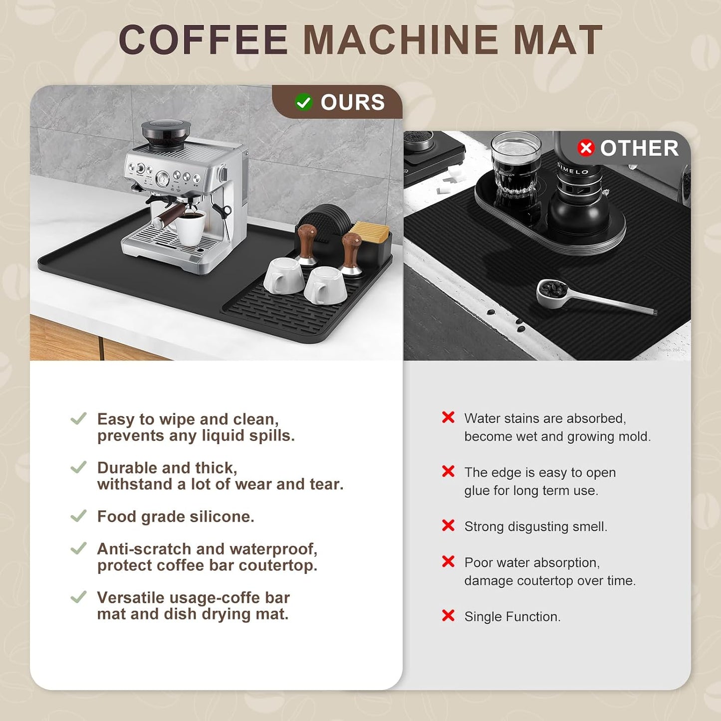 Silicone Coffee Mat with 6 Coasters,24"x16" Counter Bar Mat Fits Under Coffee Maker/Pot &amp; Espresso Machine, Bar Aceessories,Detachable Drying Pad for Tamper,Sugar Packets,Cups &amp; Countertop Protection