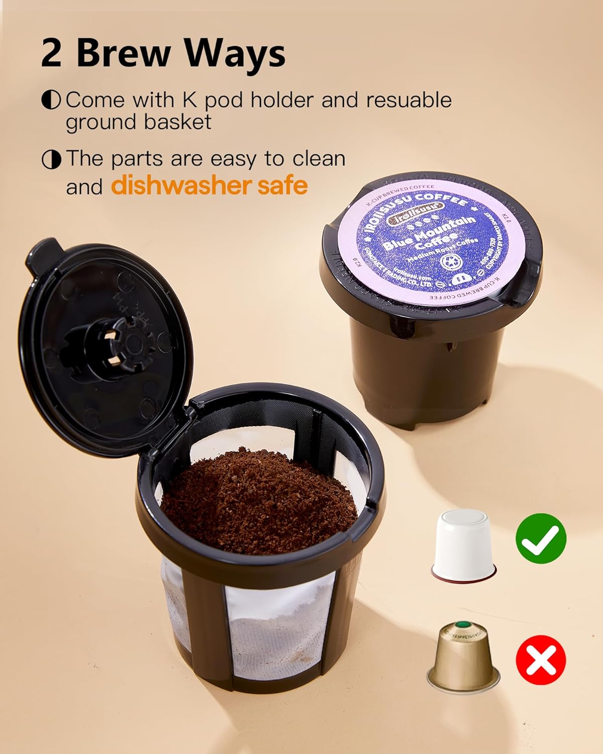 Tastyle Mini Single Serve Coffee Maker for K Cups and Grounds with Handle | for Travel, Camping, Office, RV and Dorm, Portable Handle, 120V, 6 to 12 Oz Brew Size, BPA Free, K302, Black and Gold